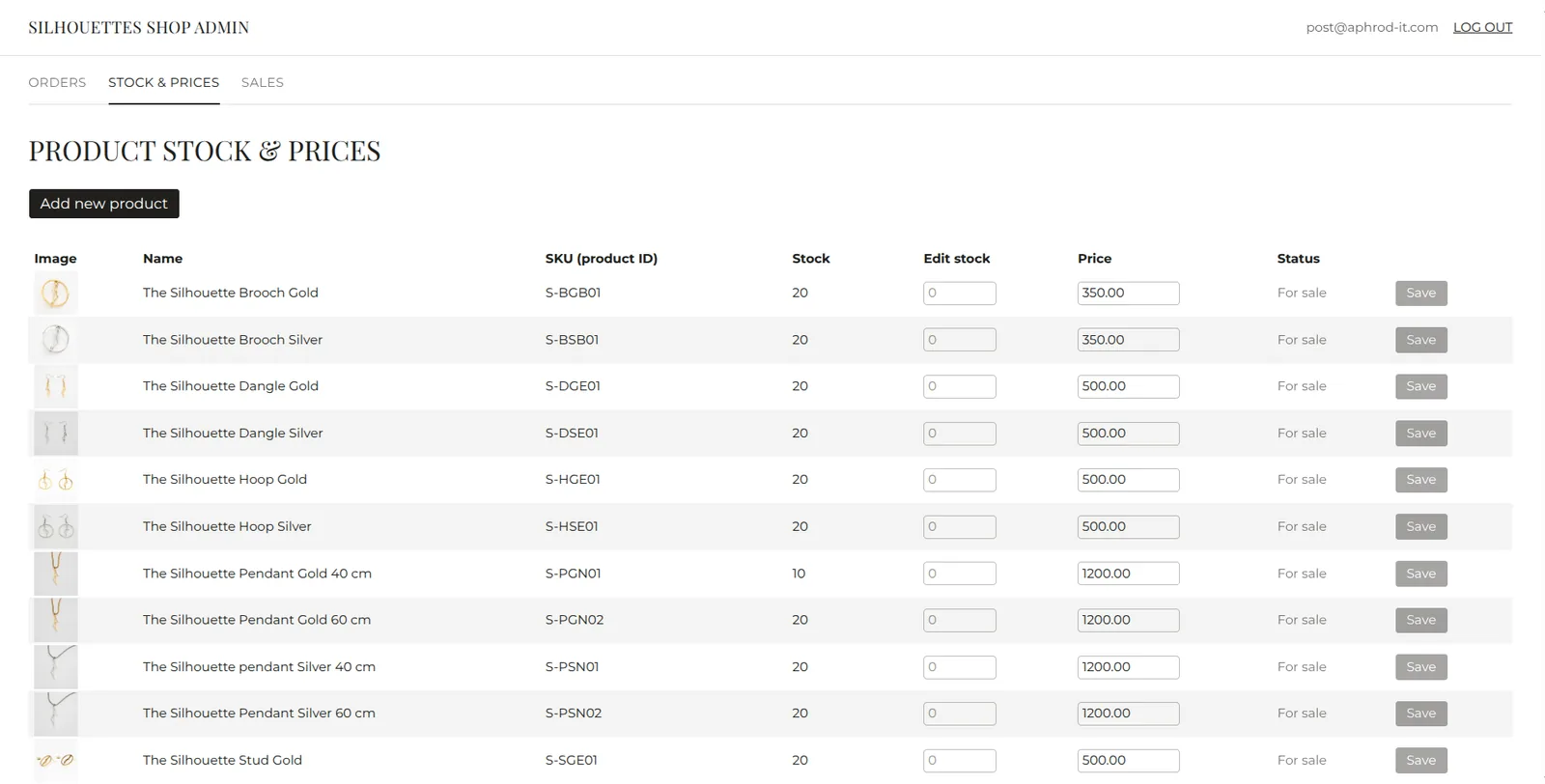The back office page for product stock and prices