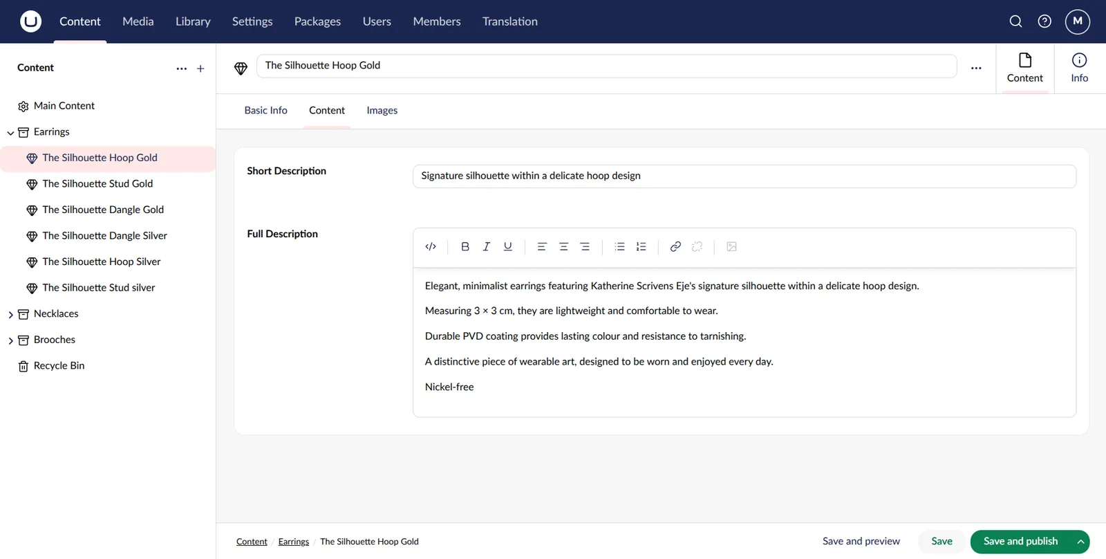 Editing a product's description in the Umbraco content editor